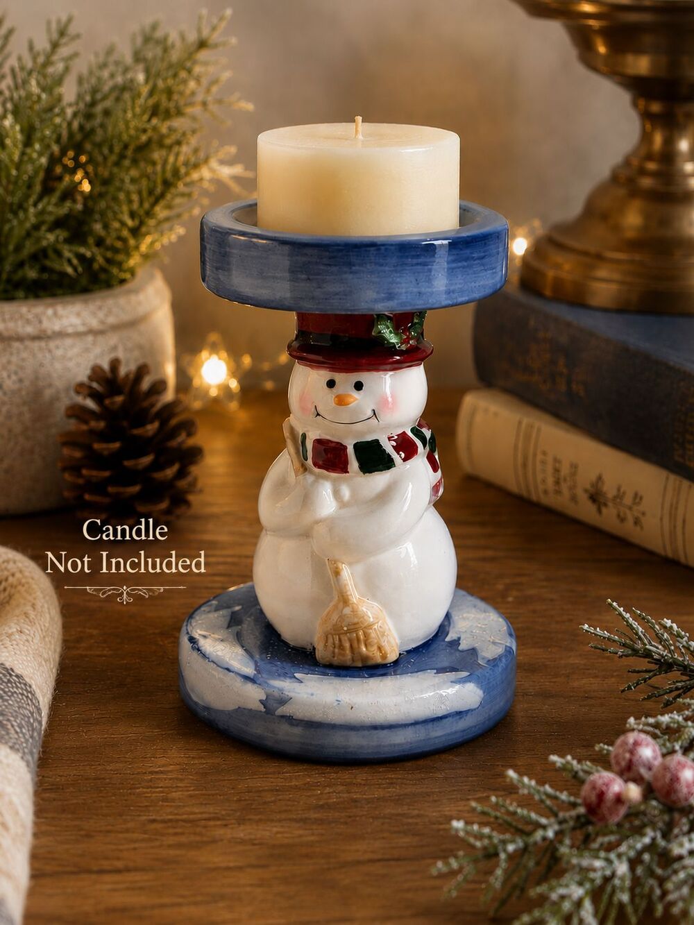 Home Interiors Snowman Pillar Candle Holder Ceramic Christmas Winter Decor 6"